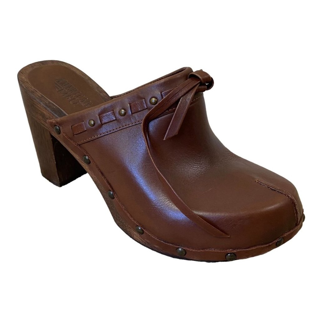 American Eagle Womens Clogs 8.5 Brown Leather Stud Tie Wooden Chuncky Heel Boho